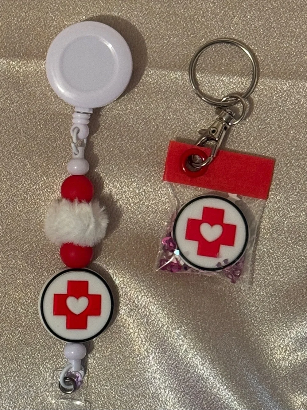 Handmade Beaded Preppy Medical Red Cross Heart Badge Reel & Keychain Set